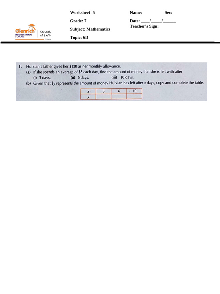Worksheet - 5 Name: Sec: Grade: 7 Date: - / - / - Subject: Mathematics ...
