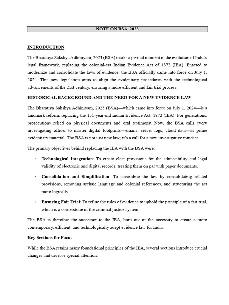NOTE ON BSA, 2023 (1) | PDF | Confession (Law) | Evidence (Law)