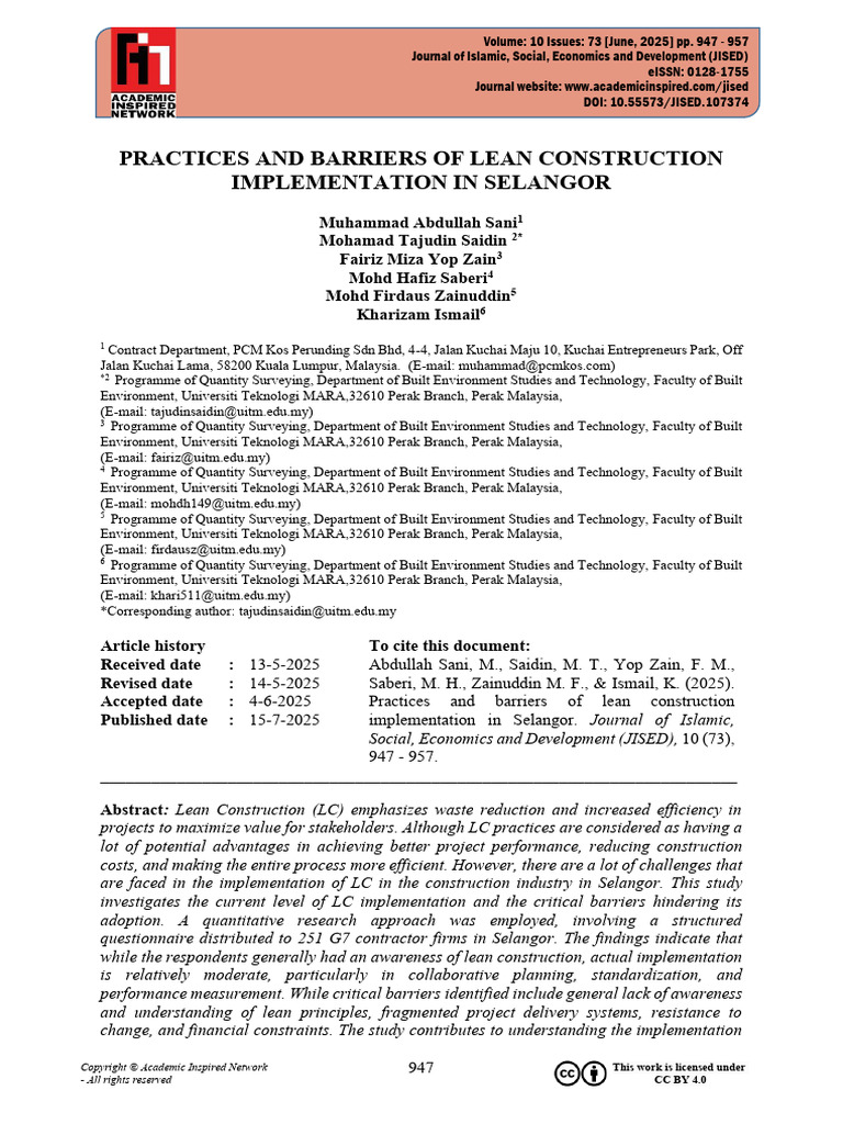 Practices and Barriers of Lean Construction Implementation in Selangor ...