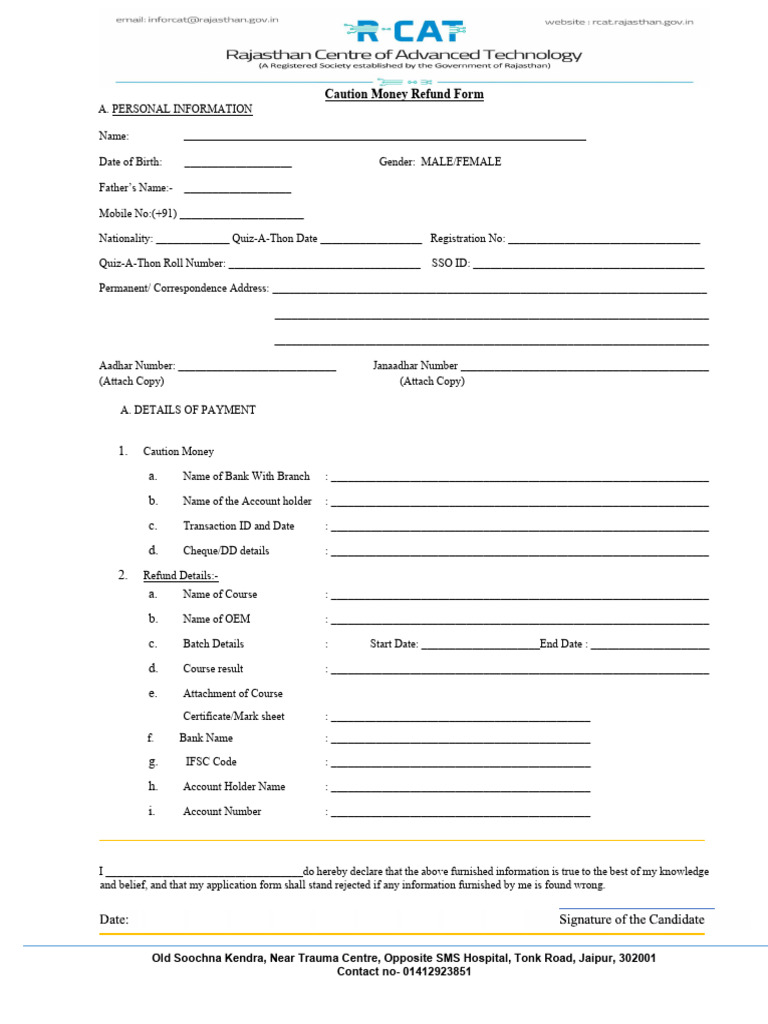 Caution Money Refund Form | PDF | Cheque