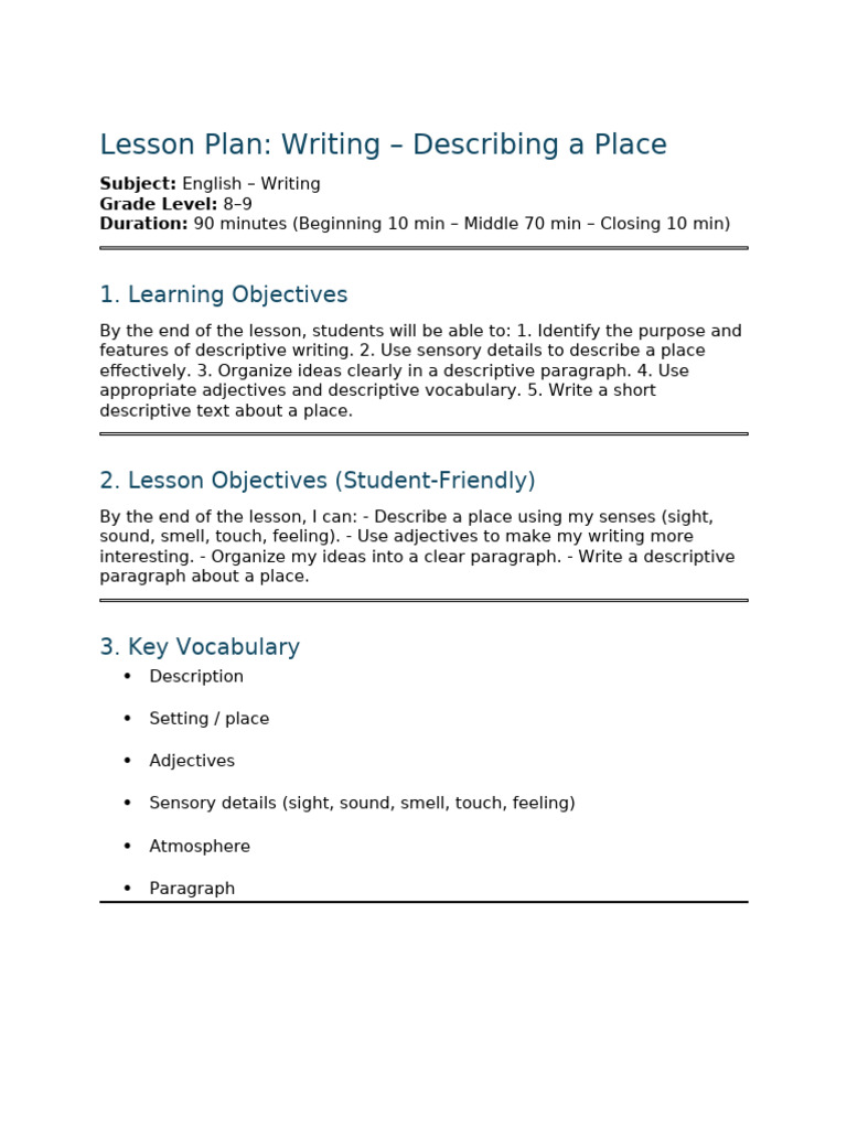 Writing Lesson Plan - Describing A Place | PDF | Perception | Human ...