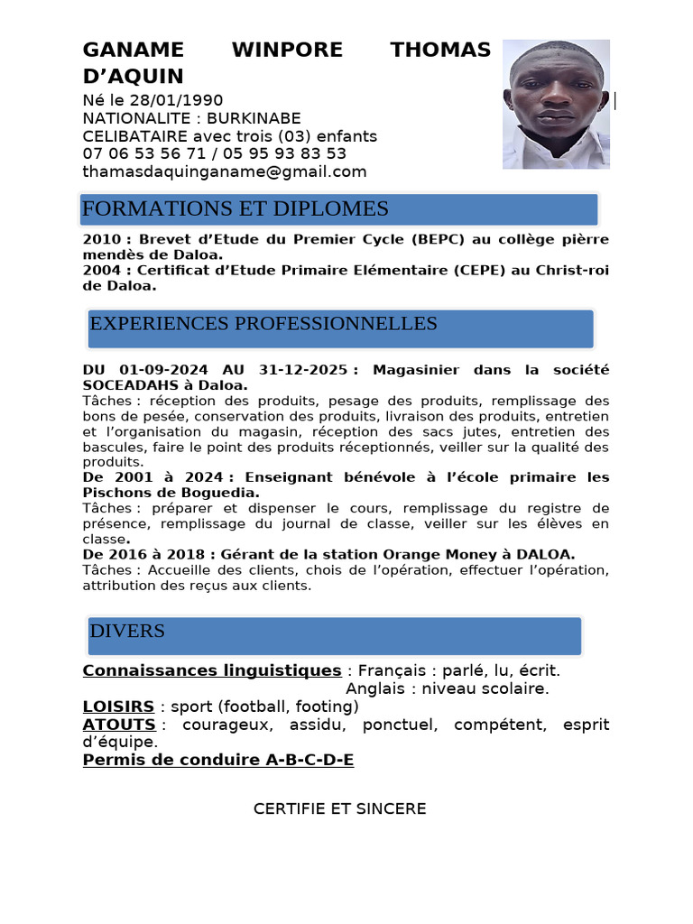 CV - Ganame Thomas | PDF