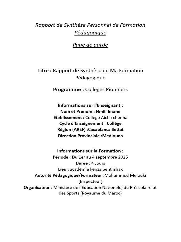 Rapport de Synthèse Personnel de Formation Du Mois de Septembre | PDF ...