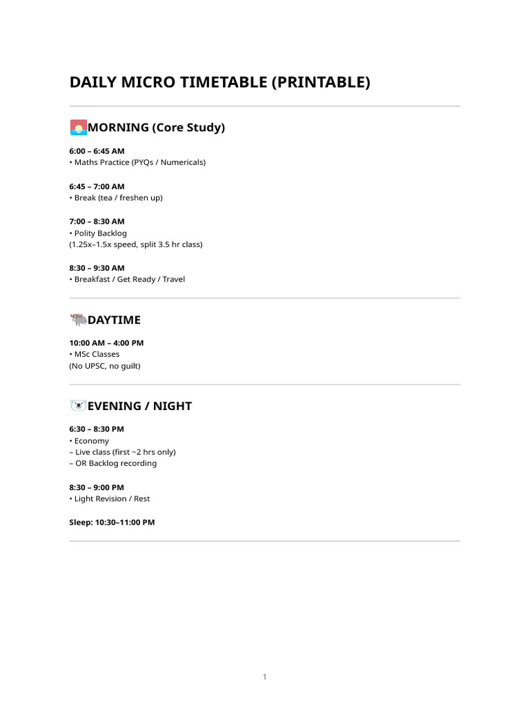 Upsc + MSC Micro Timetable (Printable) | PDF