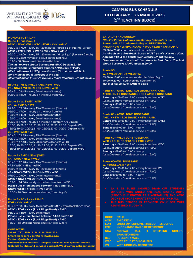 Campus Bus Schedule First Teaching Block | PDF | Workweek And Weekend ...