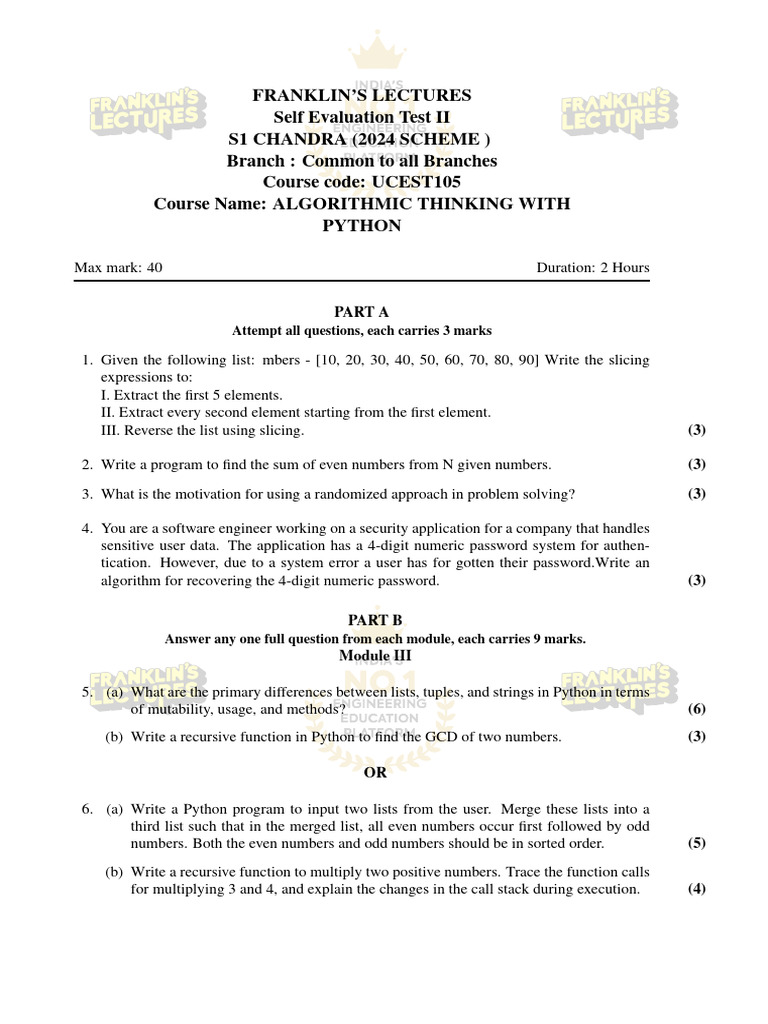 S1 Second Series Algorithmic Thinking With Python Franklin's Lectures ...