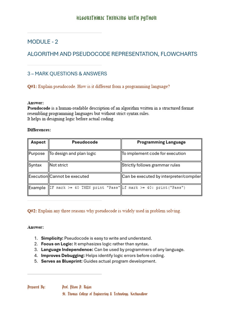 S1 Python Module - 2 Question & Answers For Students | PDF | Algorithms ...