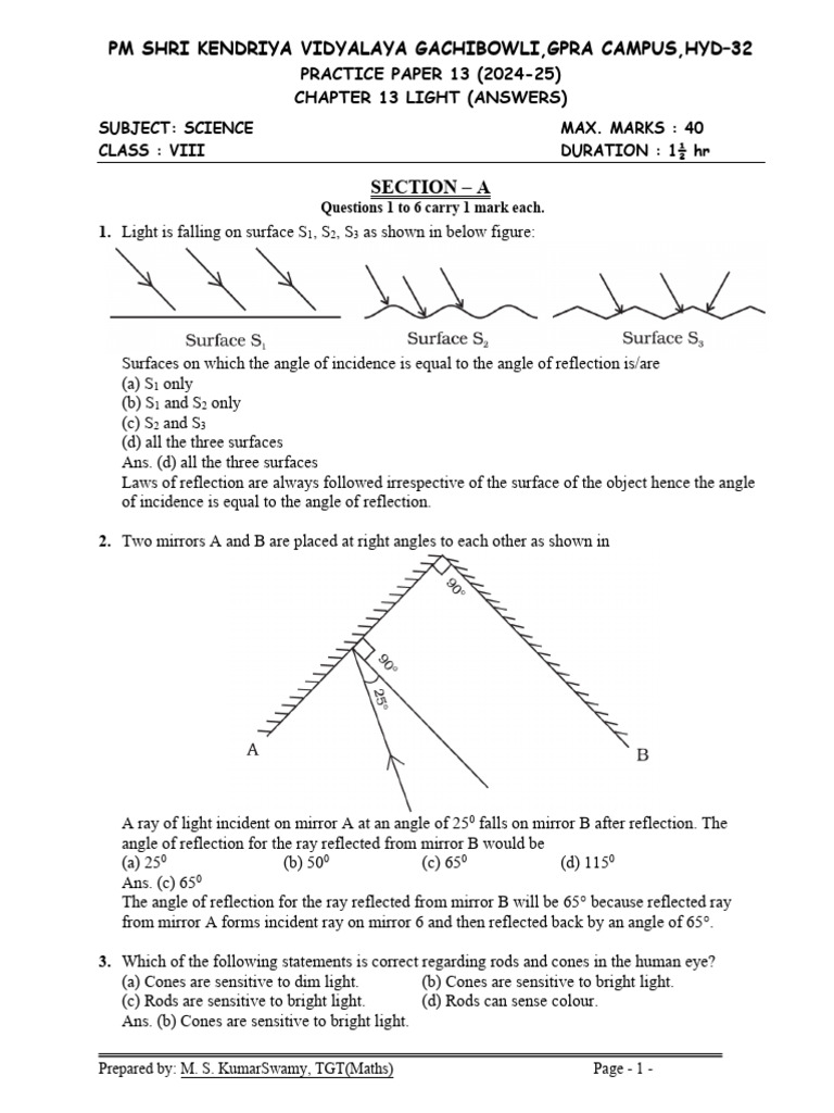 Science Class Viii Practice Test 13 Chapter 13 Light Answers | PDF ...