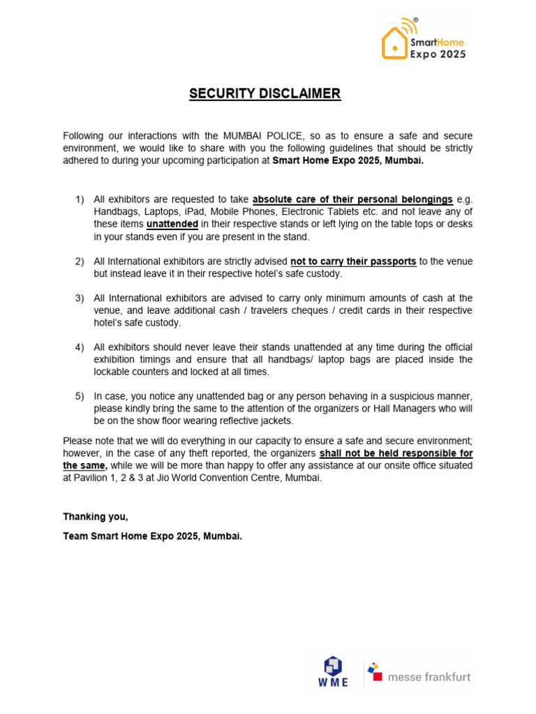 Security Disclaimer - Smart Home Expo 2025 Mumbai | PDF