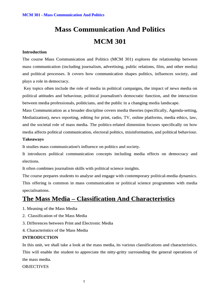 MCM 301 Notes Mass Communication and Politics | PDF | Mass Media ...