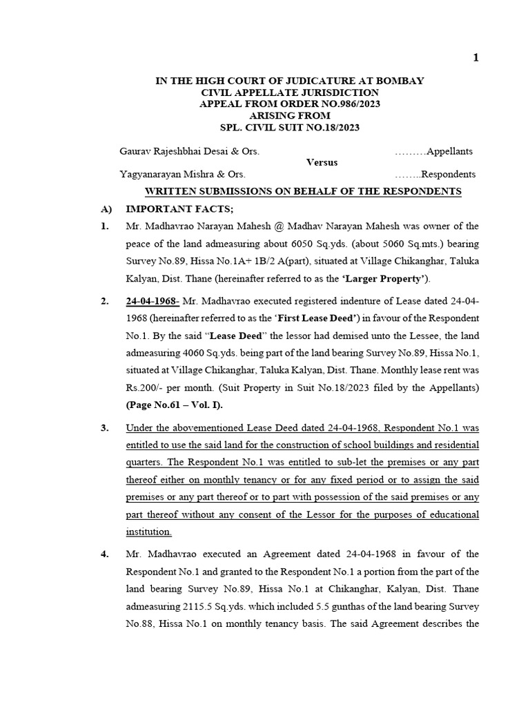 WRITTEN SUBMISSIONS Formant Bombay HIGH COURT | PDF | Lease | Lawsuit