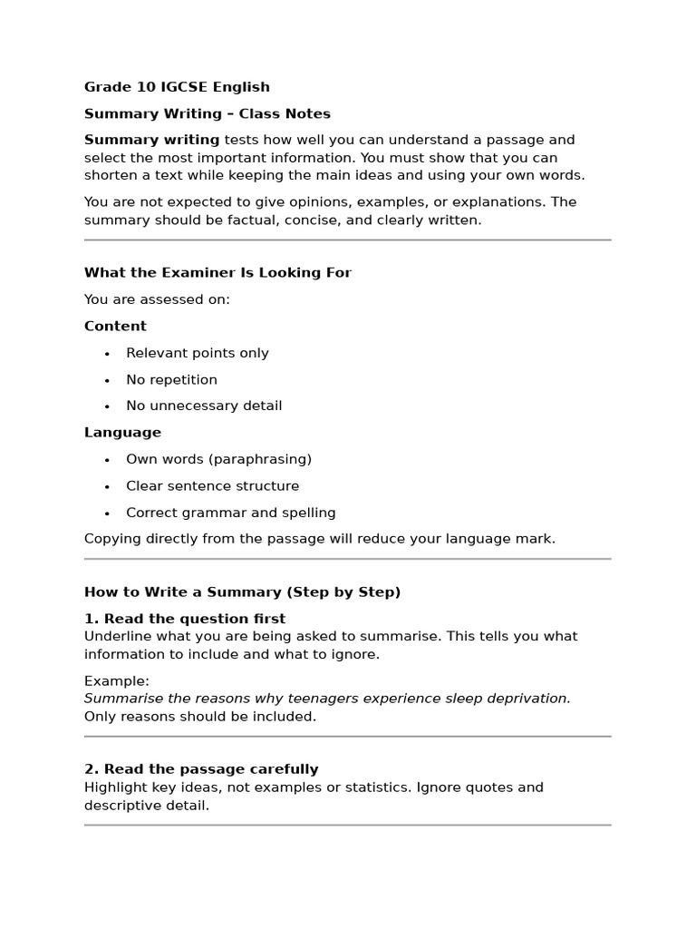 Grade 10 IGCSE English Summary Writing | PDF | Sleep | Sleep Deprivation