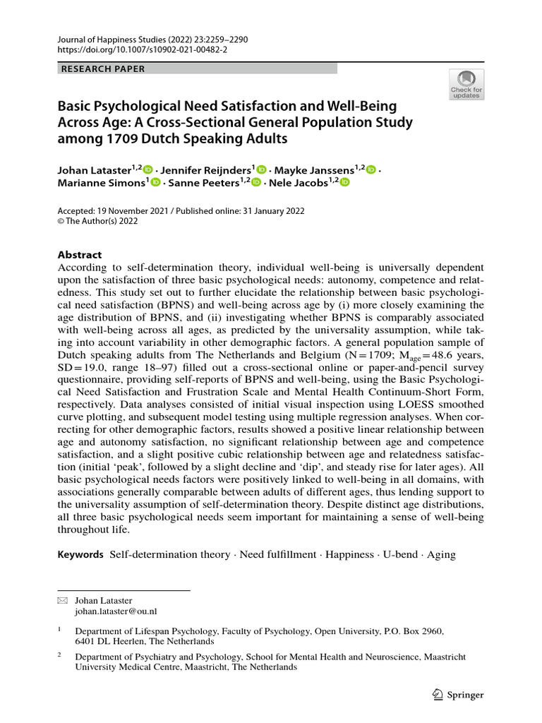 Basic Psychological Need Satisfaction and Well Being Across Age: A ...