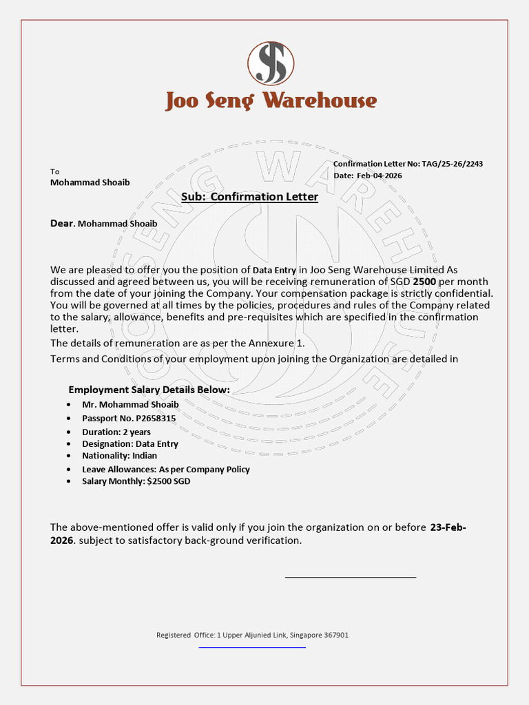 Mohammad Shoaib Joo Seng Warehouse Confirmation Letter Singapore | PDF