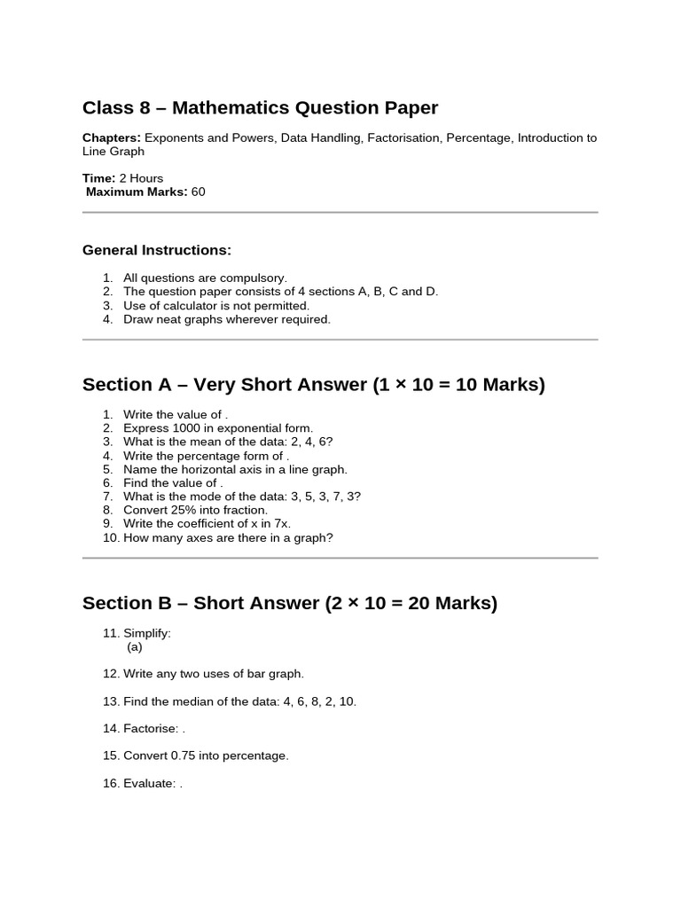 Class 8 - Mathematics Question Paper | PDF