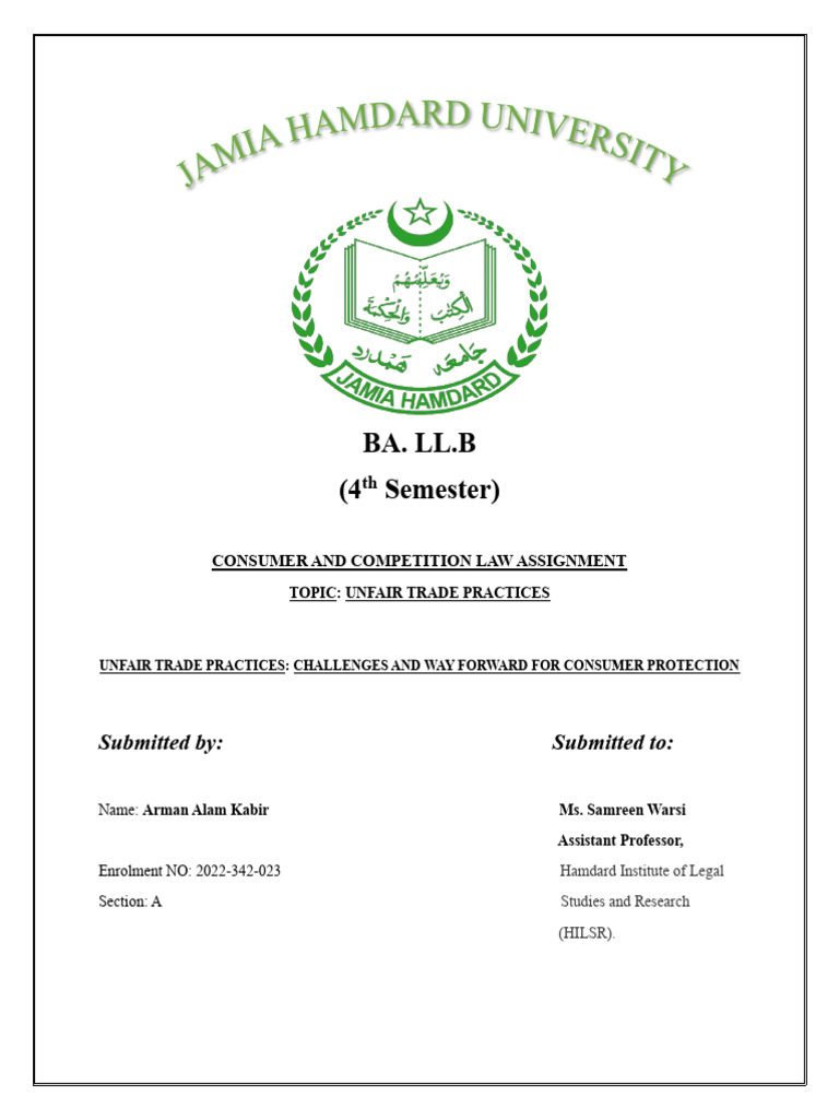 Consumer and Competition Law Assignment Cover Page | PDF