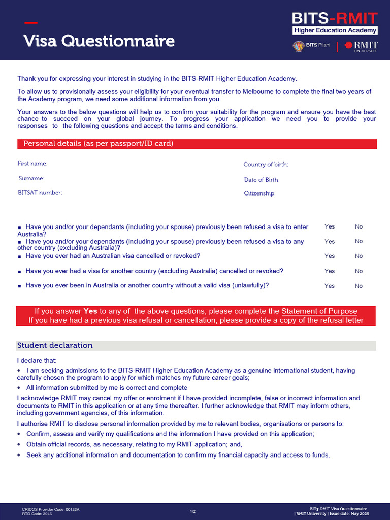 BITS - Visa Questionnaire Form (1) | PDF | Travel Visa | Government And ...