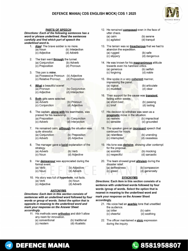 English Full Mock for CDS 1 2025 Exam | PDF