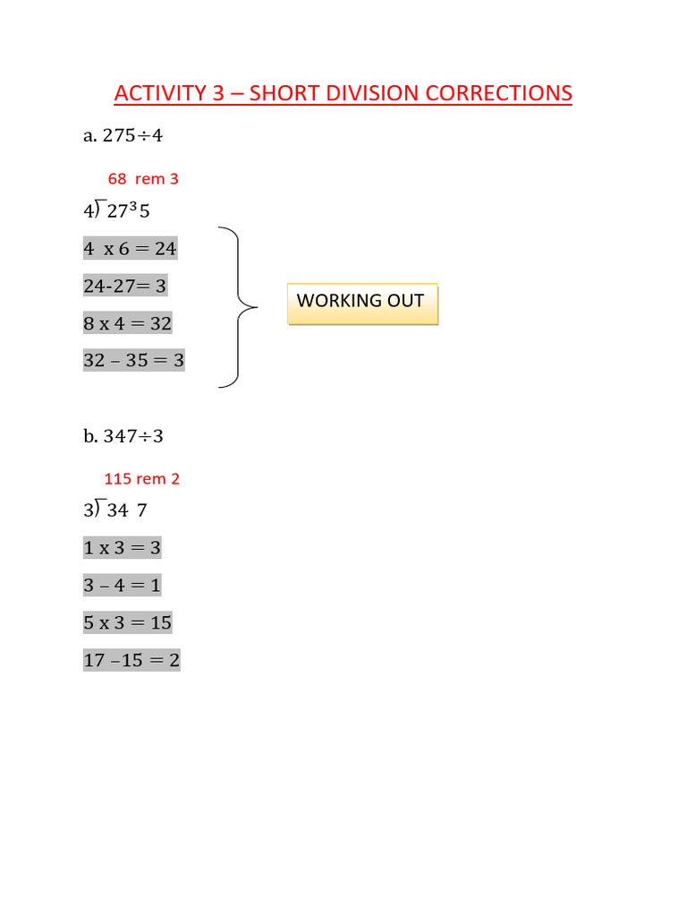 Activity 3- Short Division Corrections | PDF