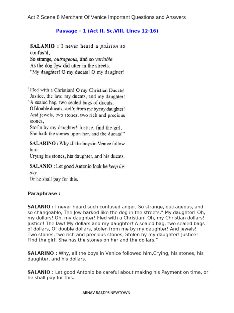 Act 2 Scene 8 Merchant of Venice Workbook Important Questions and ...
