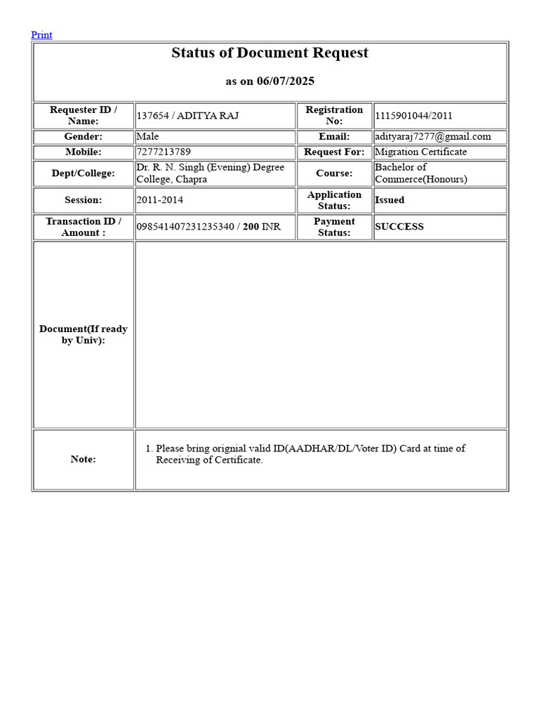 Print - Online Form Submission For Document | PDF