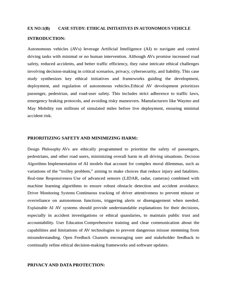 Ex No 1 (B) Case Study: Ethical Initiatives in Autonomous Vehicle | PDF ...