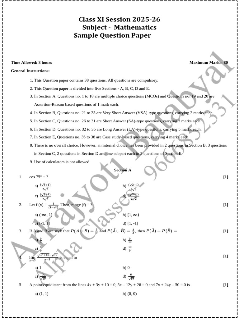 Class 11 Paper 4 Questions | PDF | Mathematics