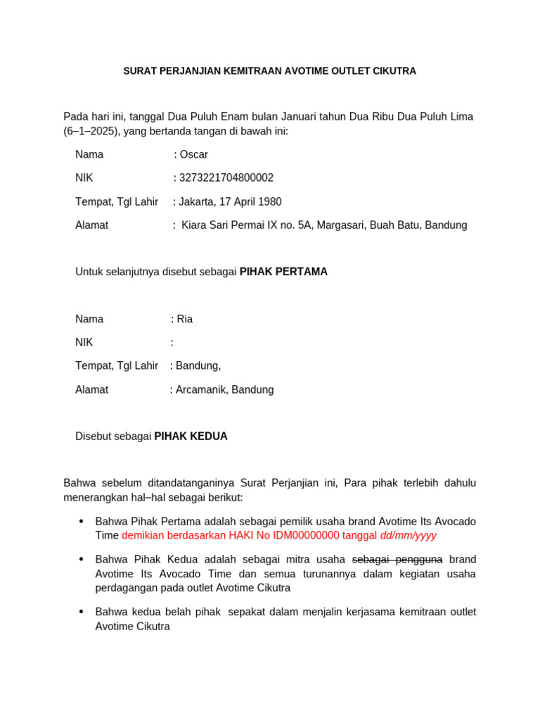 Surat Perjanjian Kemitraan Waralaba Avotime Outlet Cikutra | PDF
