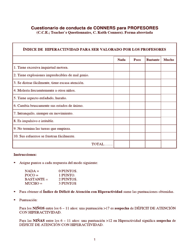 Cuestionario Conners | PDF