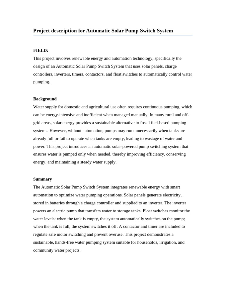 Automatic Solar Pump Switch System Project | PDF | Solar Power | Power ...