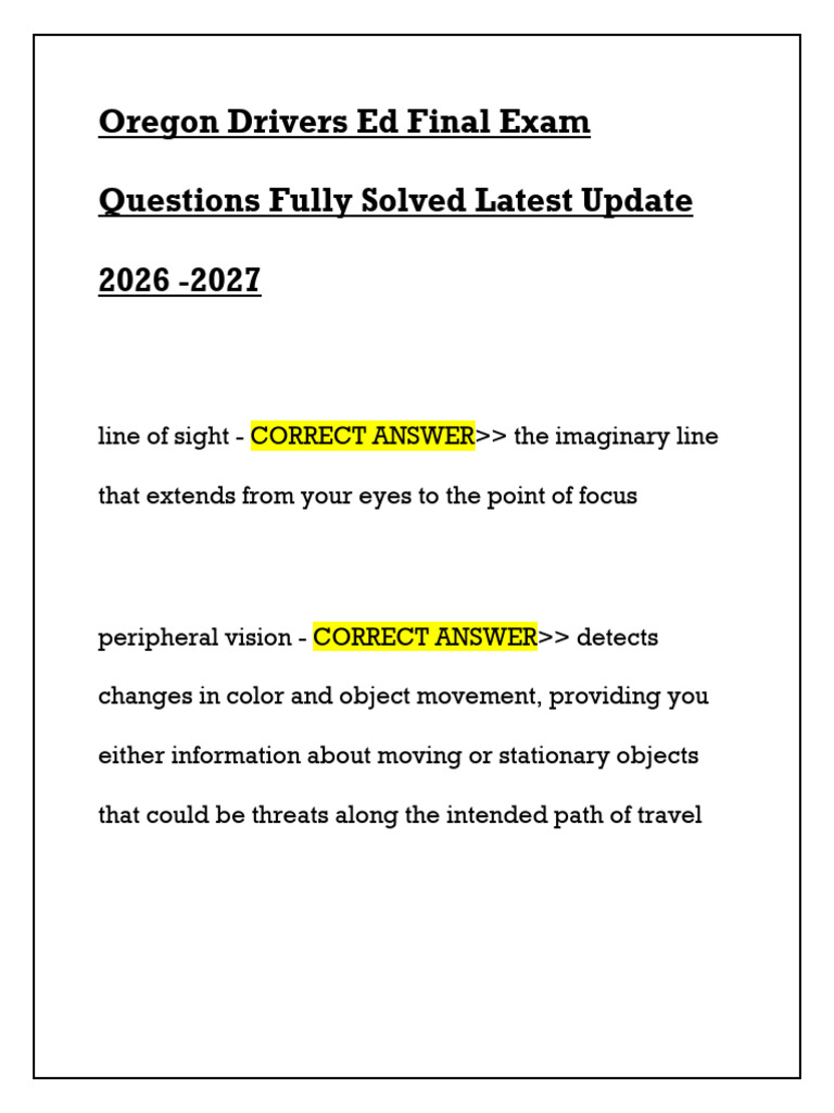 Oregon Drivers Ed Final Exam Questions Fully Solved Latest Update 2026 ...