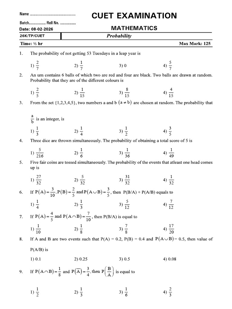 CUET EXAM (Probability) 08-02-2026 | PDF