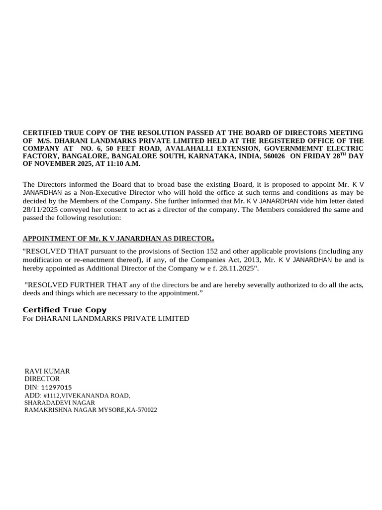 Appointment Board Resolution of Egm With Letter Head-Janardhan | PDF