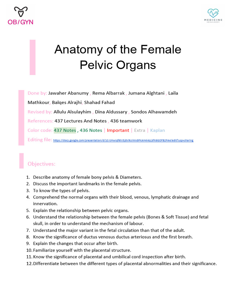 1 - Anatomy of Female Pelvic Organs | PDF | Pelvis | Uterus