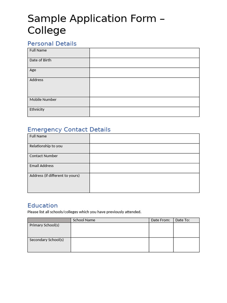 Sample College Application Form | PDF