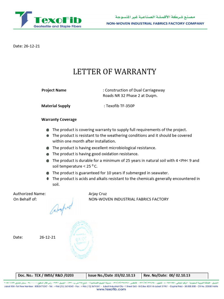 Warranty Letter | PDF