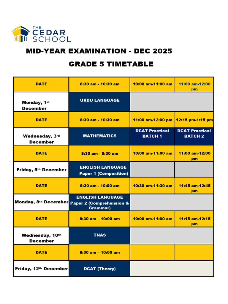 Grade 5 Mid Year Timetable | PDF