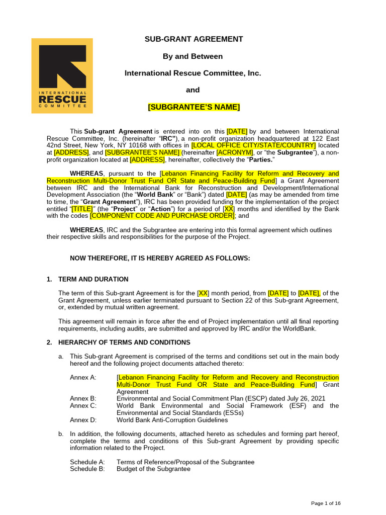 IRC Subgrant Agreement Template for World Bank (IRC Lebanon) FINAL OK ...