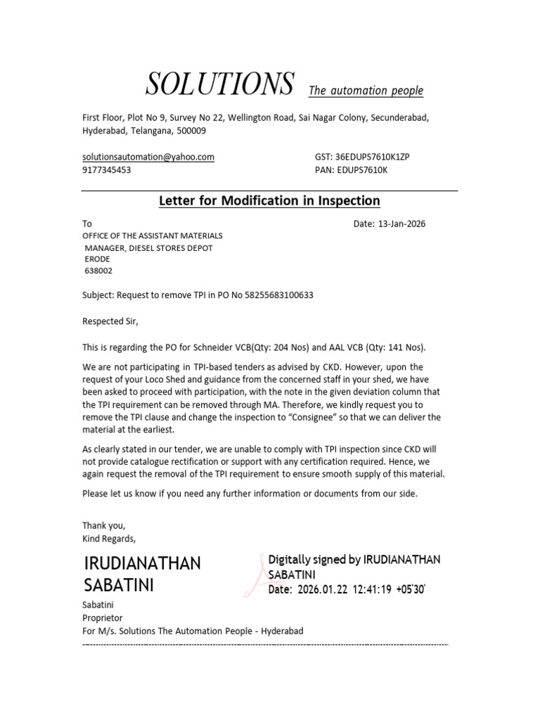 Removal of TPI Request Letter | PDF