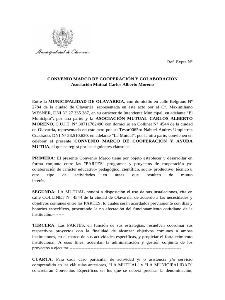 Convenio Marco de Cooperación y Colaboración - Mutual Moreno | PDF ...