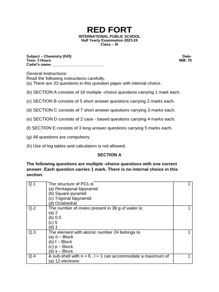 Class 11 Chemistry 23-24 Term 1 | PDF | Redox | Chemical Bond