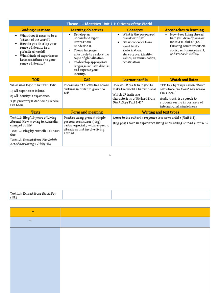 Eng B IB Unit 1.1 Planner Upd | PDF | Reading Comprehension | Reason