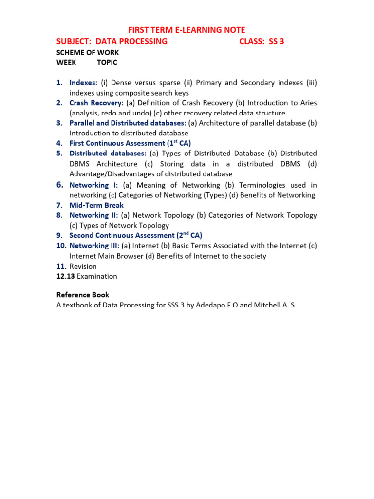 Ss 3 1st Term Data Processing | PDF | Database Index | Network Topology