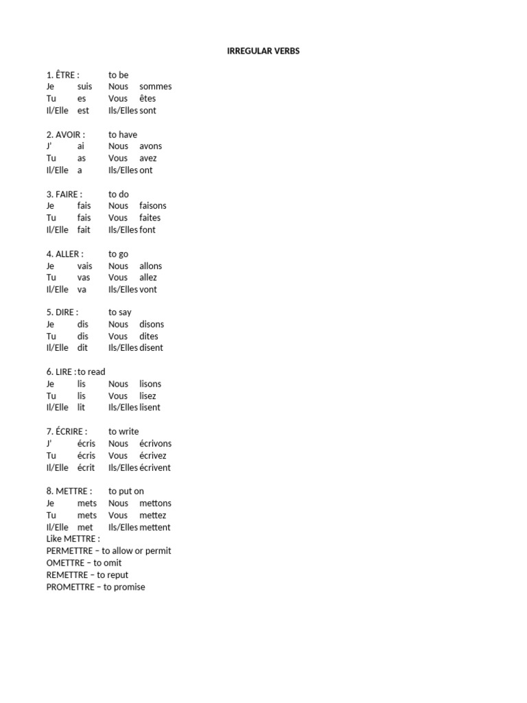 French Irregular Verbs Present Tense | PDF