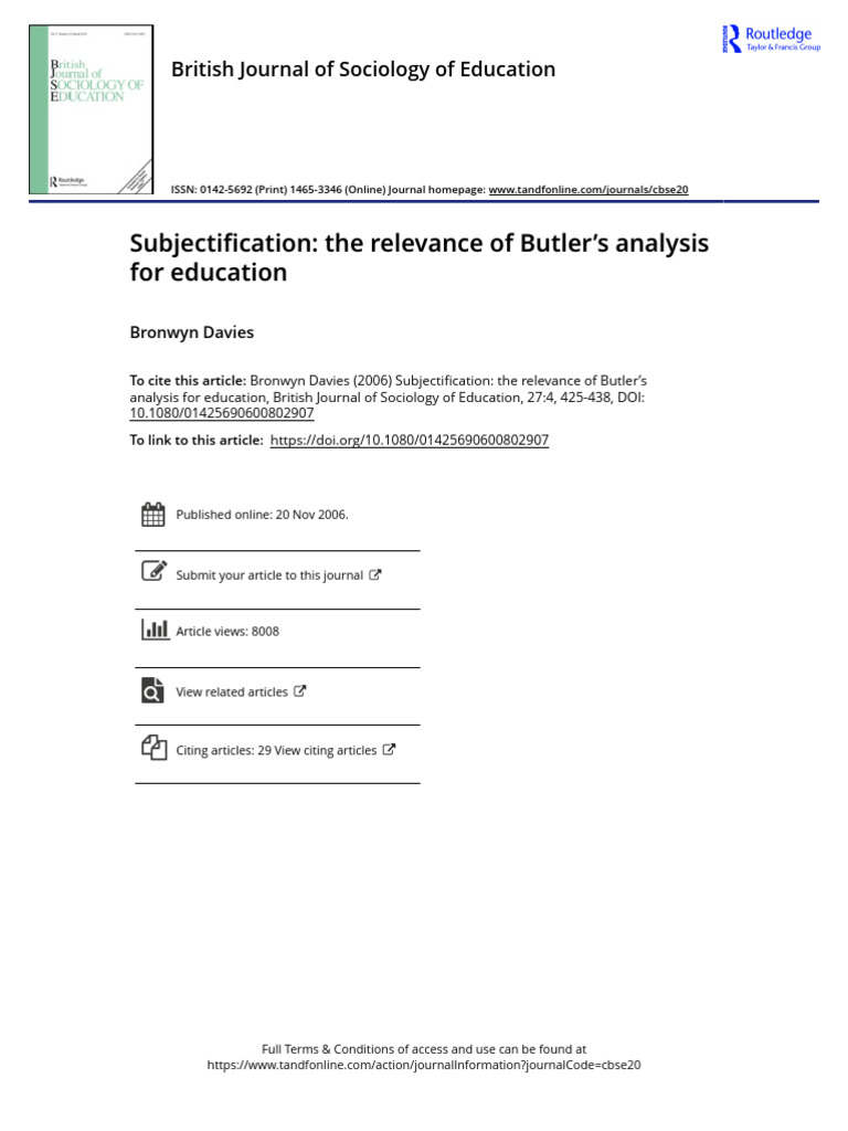 Subjectification The Relevance of Butler S Analysis For Education | PDF