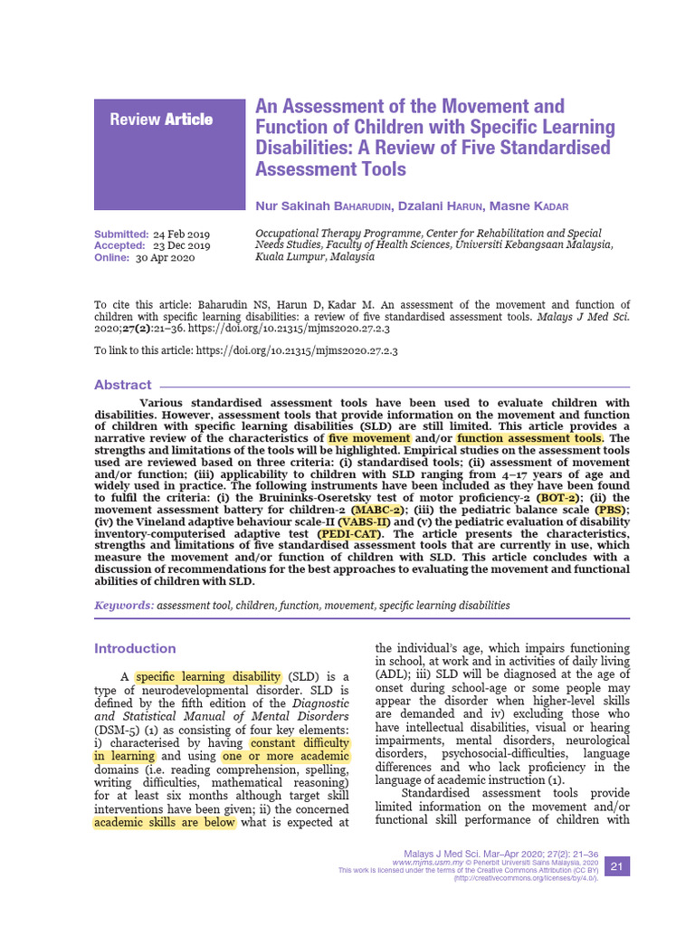 An Assessment of the Movement and Function of Children With Specific ...