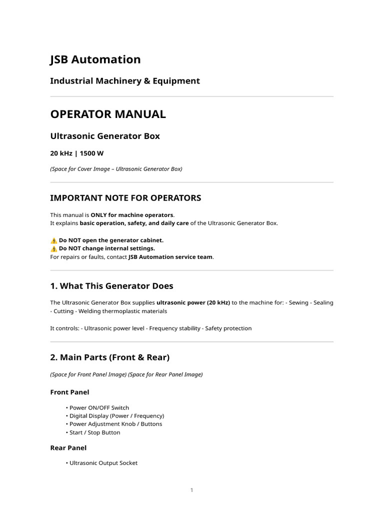 JSB Automation - Ultrasonic Generator Box Operator Manual | PDF ...