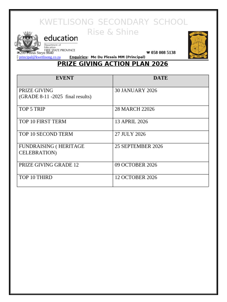 Prize Giving Action Plan 2026 | PDF