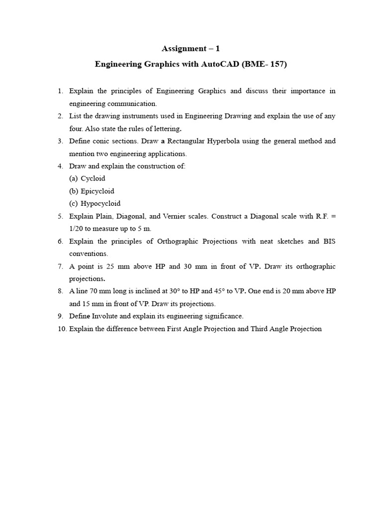 Assignment - 1 Engineering Graphics With AutoCAD (BME-157) . | PDF