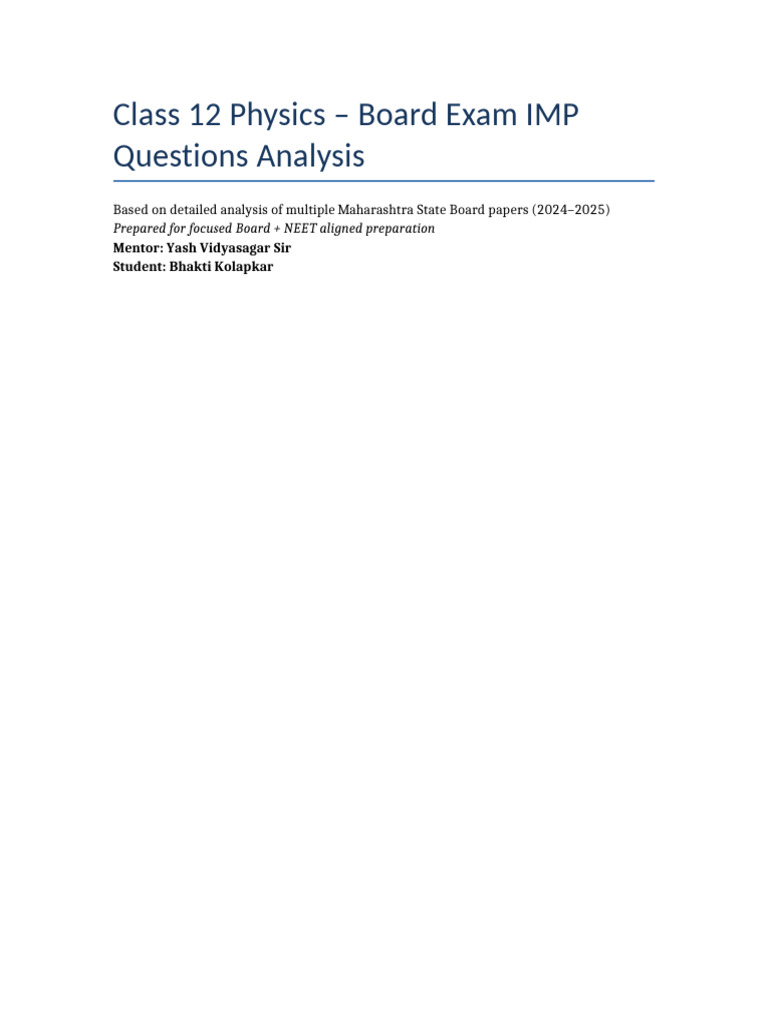 Class 12 Physics Board IMP Questions Analysis | PDF